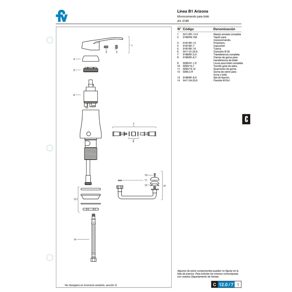 Griferia Monocomando FV Arizona para Bidet Supermat