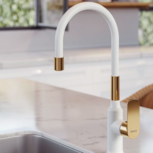 Grifería Monocomando Vasser Agatha White Rose Gold para Cocina de Mesada con Pico Móvil Flexible