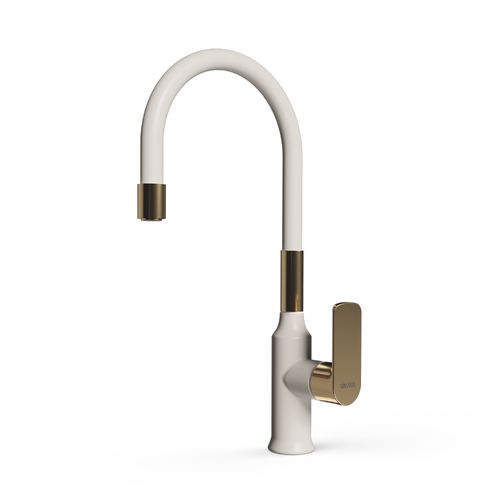 Grifería Monocomando Vasser Agatha White Rose Gold para Cocina de Mesada con Pico Móvil Flexible