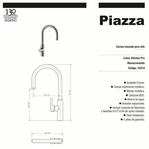 Grifería Monocomando  Piazza  Kitchen Pro para Cocina de Mesada Pico Alto