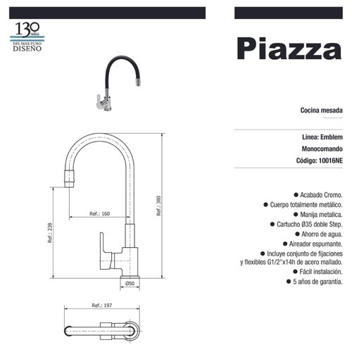 Grifería Monocomando  Piazza  Emblema para Cocina de Mesada