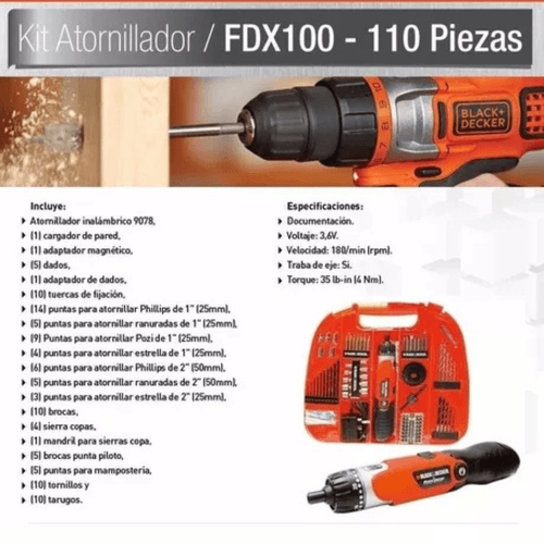 Kit Atornillador+valija+110 Accesorios Black and Decker FDX100