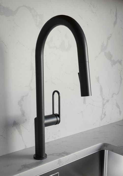 Grifería Monocomando Vasser Jaspe Black para mesada de cocina con pico móvil extensible