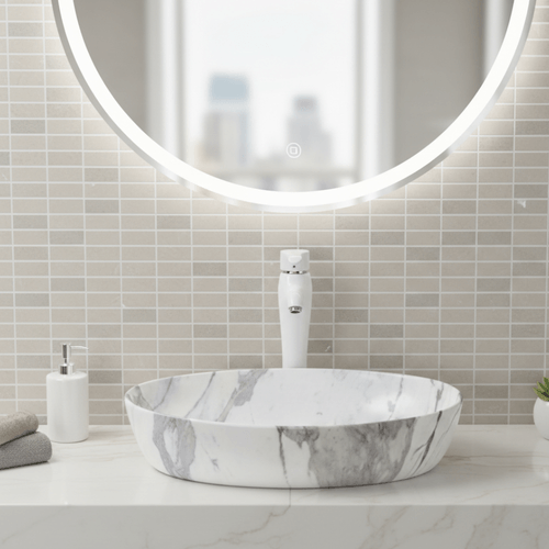 Bacha Sobre Mesada Blanca Mate Símil Mármol AQ211301-MWM