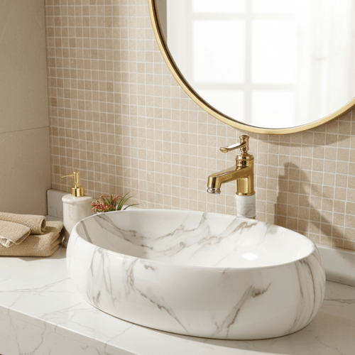 Bacha Sobre Mesada Blanca Mate Símil Mármol AQ211301-MWM